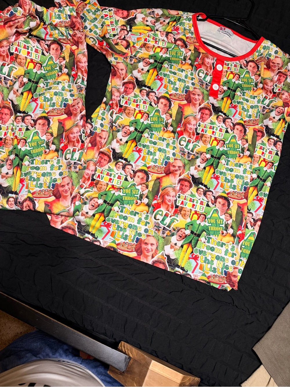 Women’s Festive Elf-Print Long Sleeve Pajama Top and pants
